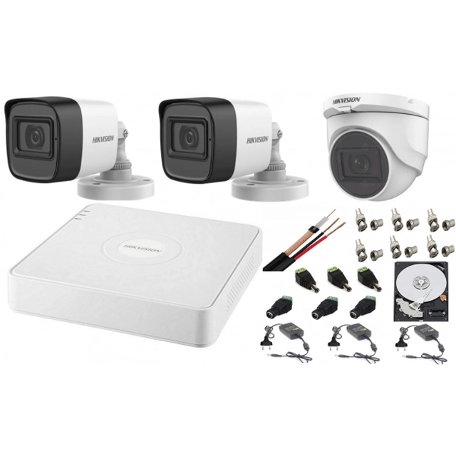 Hikvision mixed audio-video surveillance system 3 Turbo HD cameras 2MP DVR 4 channels, HDD 500GB