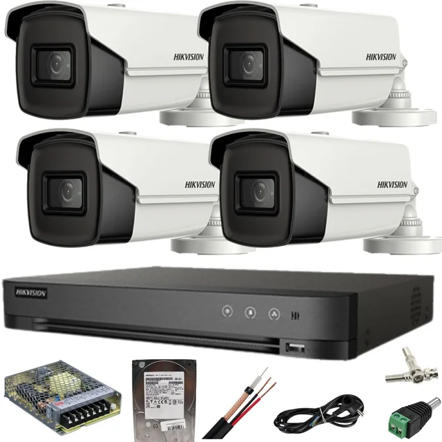 Hikvision nadzorni sistem 4 kamere 8MP IR 80M DVR 4K AcuSense z vključenimi dodatki in HDD 1TB