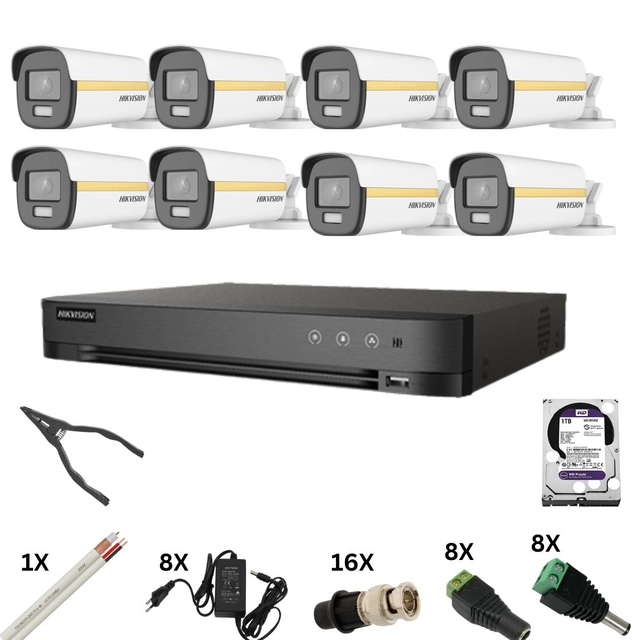 Hikvision novērošanas komplekts ar 8 Poc kamerām, ColorVu 8 megapikseļi, krāsu gaismas 40m, DVR 8 kanāliem 8 megapikseļi, cietais, aksesuāri