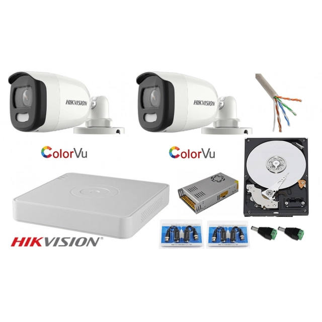 Hikvision novērošanas sistēma 2 kameras 2MP Ultra HD Color VU pilna laika (krāsu naktī) DVR 4 kanāli, aksesuāri
