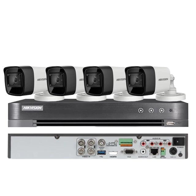 Hikvision novērošanas sistēma 4 kameras 4 iekšā 1, 8MP, objektīvs 2.8mm, IR 30m, DVR 4 kanāli 4K 8MP