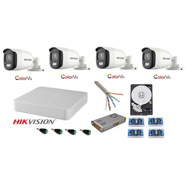 Hikvision novērošanas sistēma 4 kameras 5MP Ultra HD Color VU pilna laika (krāsu naktī) ar piederumiem