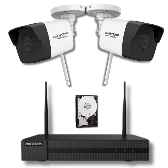 Hikvision novērošanas sistēma HiWatch sērija 2 Wi-Fi IP kameras 2 megapikseļi, IR 30m SD kartes mikrofons, NVR 4 kanāli 6 megapikseļi, cietais