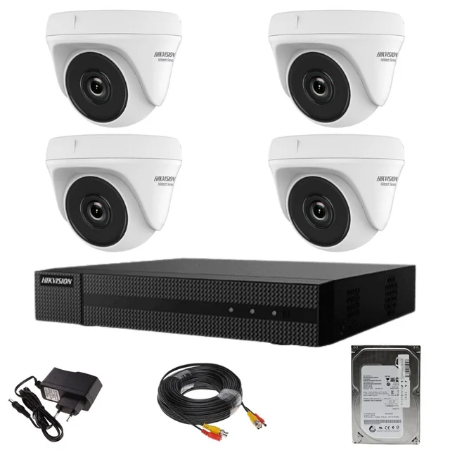 Hikvision novērošanas sistēma HiWatch sērija 4 kameras 2MP IR 20M DVR 4 kanāli ar HDD piederumiem 500GB