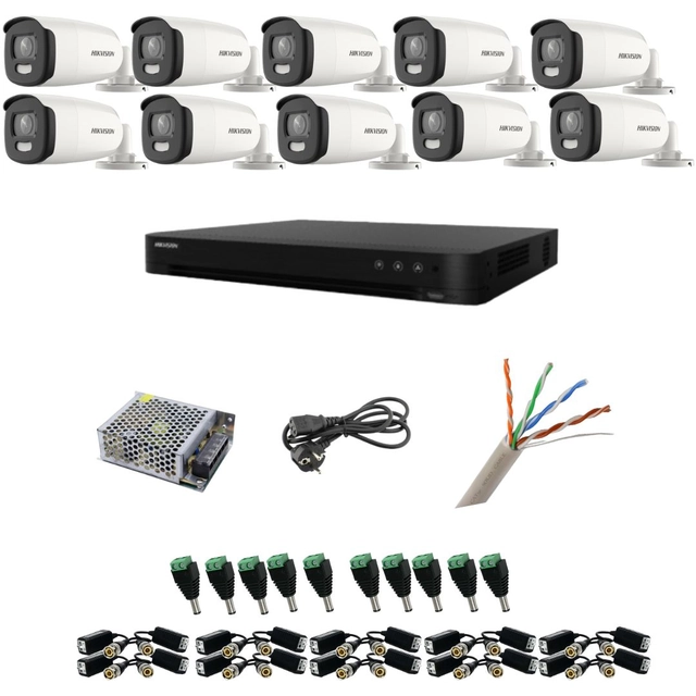Hikvision overvågningssystem 10 kameraer 5MP ColorVu, farve om natten 40m, DVR med 16 kanaler 8MP, tilbehør inkluderet