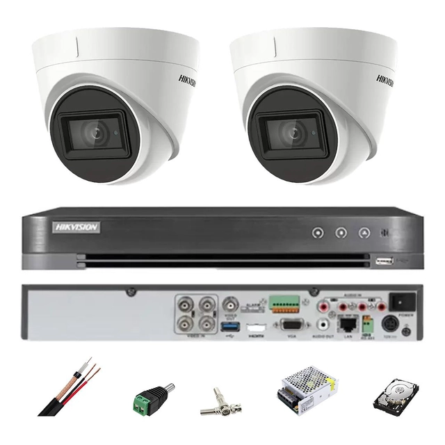 Hikvision overvågningssystem 2 indendørs kameraer 4 i 1, 8MP, linse 2.8, IR 60m, DVR 4 kanaler, tilbehør, harddisk