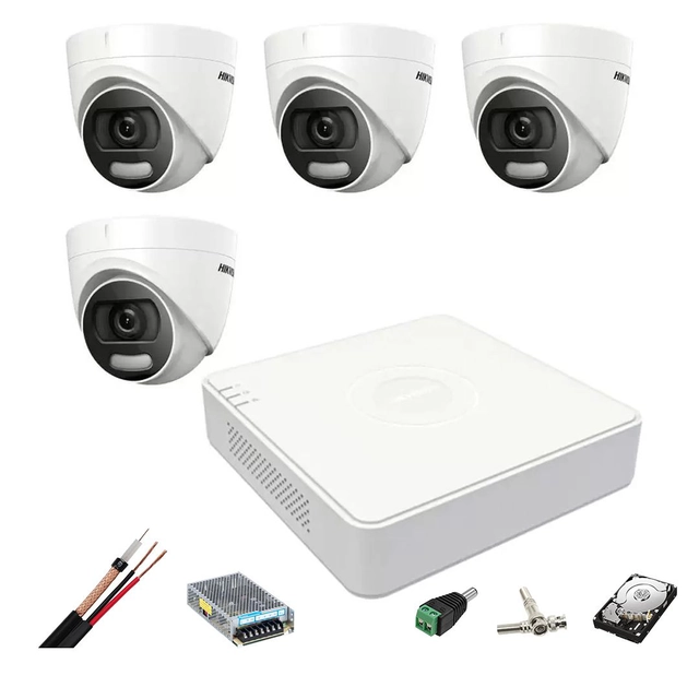 Hikvision overvågningssystem 4 indendørs kameraer 5MP ColorVU, hvidt lys 20m, DVR 4 TurboHD-kanaler 8 MP, tilbehør, harddisk