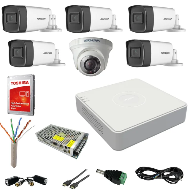 Hikvision overvågningssystem 6 Turbo HD-kameraer 2MP, 5 udendørskameraer IR80m og 1 indendørskameraer IR20m, HARD 1TB