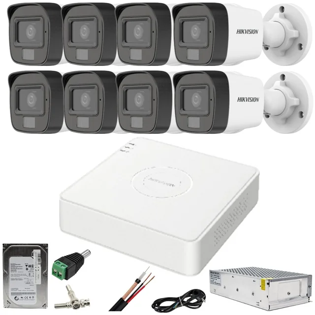 Hikvision overvågningssystem 8 kameraer 2MP Dual Light IR 30m WL 20m DVR 4MP med tilbehør inkluderet HDD 1TB