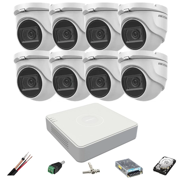 Hikvision overvågningssystem 8 kameraer 8MP, 2.8mm, IR 30m, DVR 8 kanaler 4K, tilbehør, harddisk