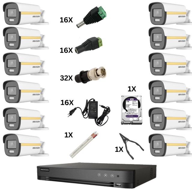 Hikvision overvågningssystem med 16 Poc-kameraer, ColorVu 8 Megapixels, Night Color, 40m, DVR 16 kanaler 8 Megapixels, Hard, Tilbehør