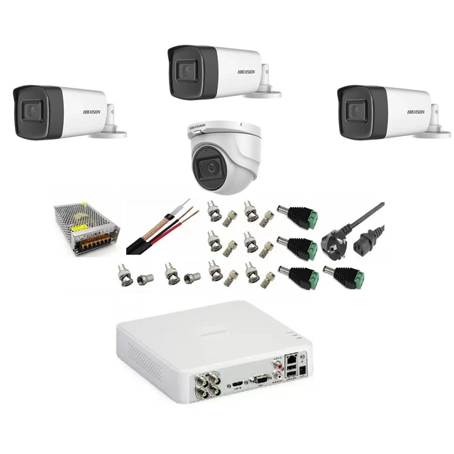 Hikvision profesionālā videonovērošanas sistēma 4 kameras 5MP 3 āra Turbo HD IR 40M 1 iekštelpu IR 20m DVR TurboHD 4 kanāli ar pilniem piederumiem