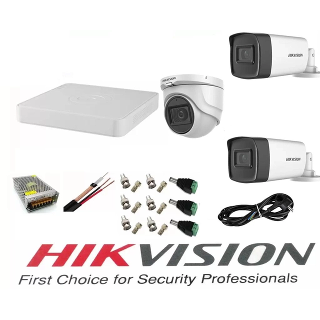 Hikvision professzionális videó megfigyelő rendszer 3 kamerák 5MP 2 kültéri Turbo HD IR 40 M és 1 beltéri IR 20m DVR 4 csatornák teljes tartozékkal