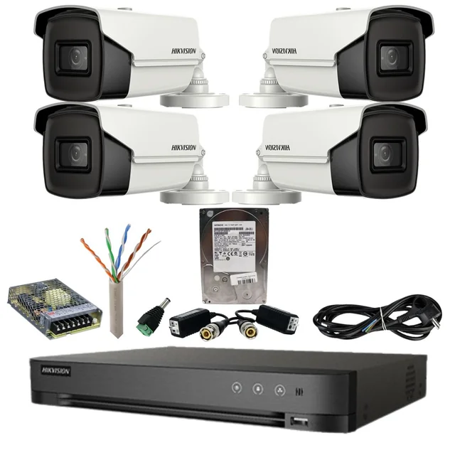 Hikvision stebėjimo sistema 4 kameros 4in1 8 IR megapikseliai 80m objektyvas 3.6mm Acusense DVR 8 MP kietasis diskas 1 TB, priedai