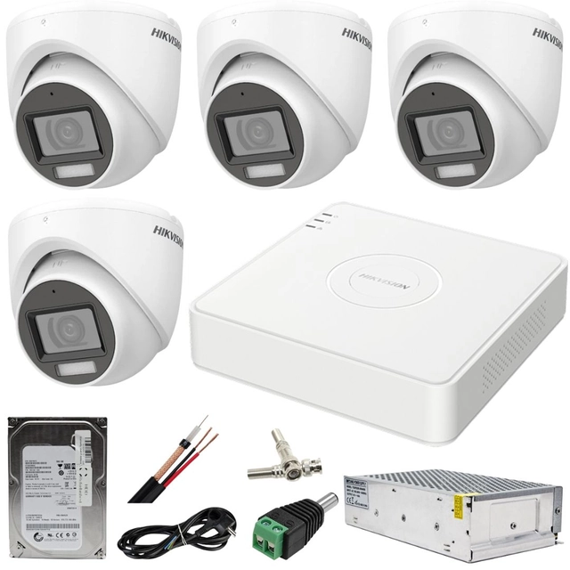 Hikvision stebėjimo sistema 4 kameros 5MP dvigubos šviesos IR 30m WL 20m DVR 4MP AcuSense su pridedamais priedais HDD 500GB