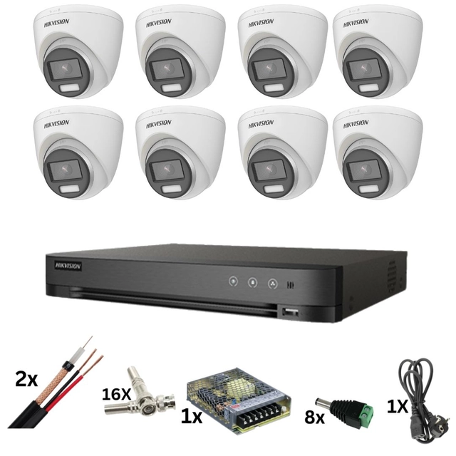 Hikvision surveillance kit, 8 Poc cameras, ColorVu of 8 Megapixels, Color light 40m, Lens 2.8mm, DVR with 8 channels of 8 Megapixels, accessories