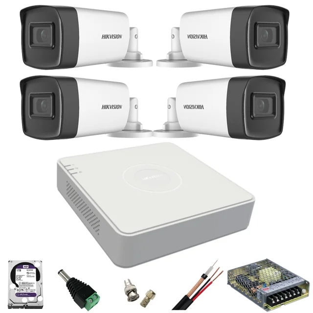 Hikvision surveillance kit with 4 2 Megapixel cameras, Infrared 40M, DVR with 4 channels and accessories included