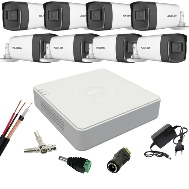 Hikvision surveillance kit with 8 cameras, 2 Megapixels, Infrared 80m, Lens 3.6mm, DVR with 8 channels, Accessories