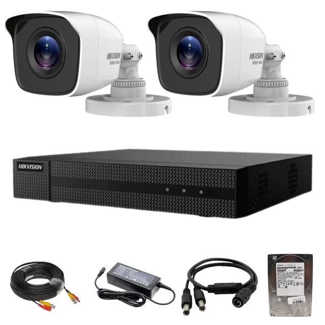 Hikvision TurboHD HiWatch övervakningssystem 2 kameror 2MP IR 20m lins 2.8mm XVR 4 kanaler 2MP med hårddisktillbehör 500GB
