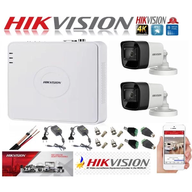 Hikvision ultra-professional surveillance system 2 cameras 8MP 4K DVR 4 accessory channels included