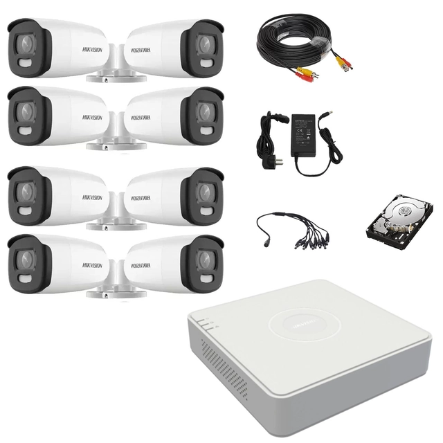 Hikvision vaizdo stebėjimo sistema 8 ColorVu lauko kameros 5MP, balta šviesa 40m, DVR 8 Hikvision kanalai, priedai, kietasis diskas