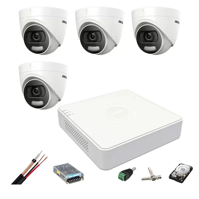 Hikvision valvesüsteem 4 sisekaamerad 5MP ColorVU, valge valgus 20m, DVR 4 TurboHD kanalid 8 MP, tarvikud, kõvaketas