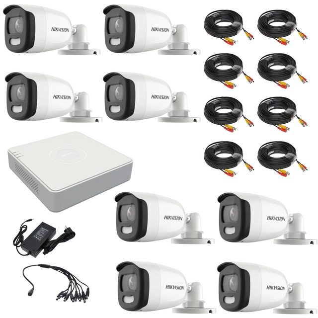 Hikvision videó megfigyelő készlet 8 ColorVU kamerák 2MP, fehér fény 20m, DVR 8 csatornák 4 MP lite, tartozékok
