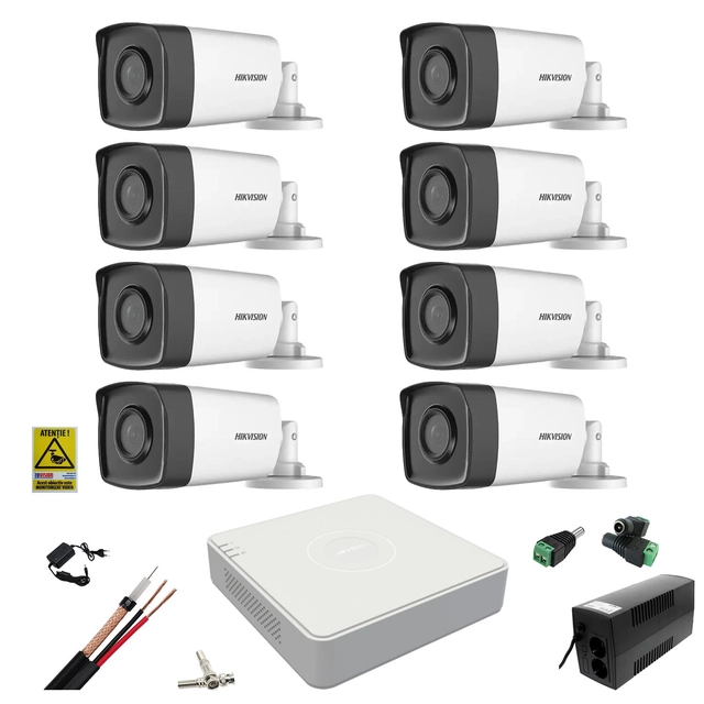 Hikvision video surveillance system 8 cameras 2MP 3.6mm IR 80m, DVR 8 channels 1080N, accessories, UPS with battery 360W