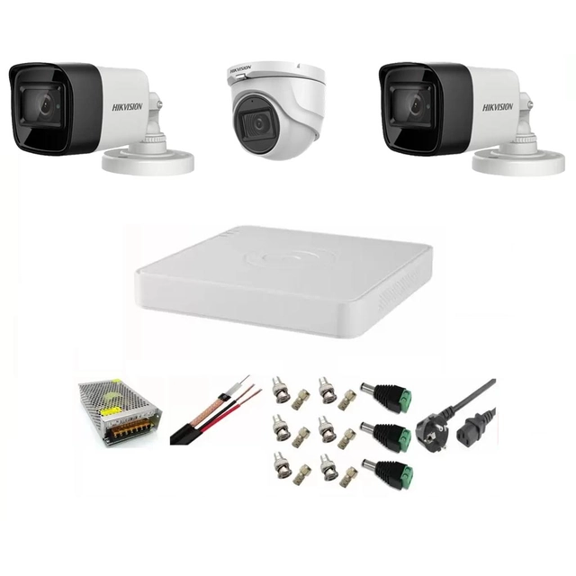 Hikvision videobewakingssysteem 3 camera's 5MP, 2 buiten Turbo HD IR 80 M 1 binnen IR 20m met volledige accessoires