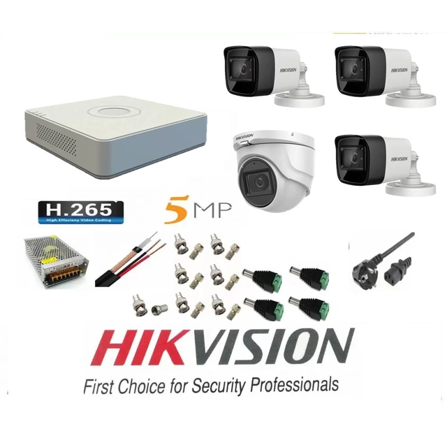 Hikvision videobewakingssysteem 4 camera's 5MP 3 buiten Turbo HD IR 80M 1 binnen IR 20m DVR 4 kanalen met volledige accessoires