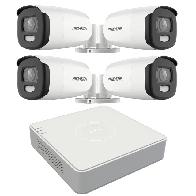 Hikvision videoovervågningssystem 4 ColorVu udendørskameraer 5MP, hvidt lys 40m, DVR 4 Hikvision-kanaler