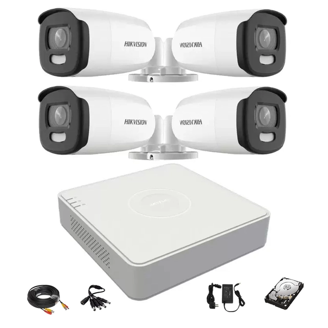 Hikvision videovalvesüsteem 4 ColorVu välikaamerad 5MP, valge valgus 40m, DVR 4 Hikvisioni kanalid, tarvikud, kõvaketas