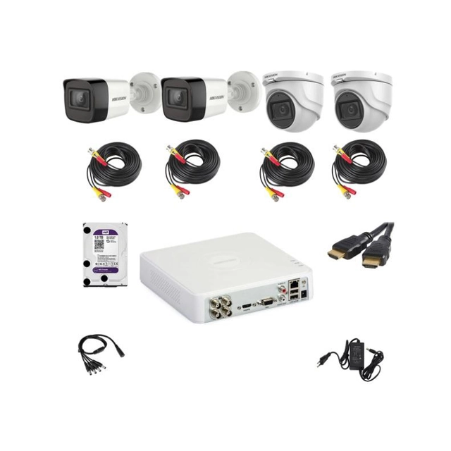 Hikvisioni videovalve komplekt 5MP, mis koosneb 2 sisekaamerast 2 väliskaamerast DVR 4 kanalitest ja komplektidest