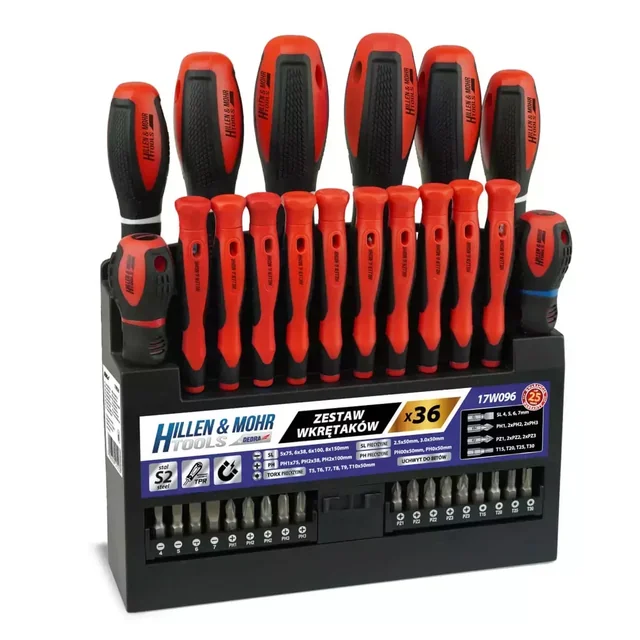 HILLEN&MOHR SCREWDRIVER AND BITS SET WITH STAND 17W096 36SZT, STEEL S2