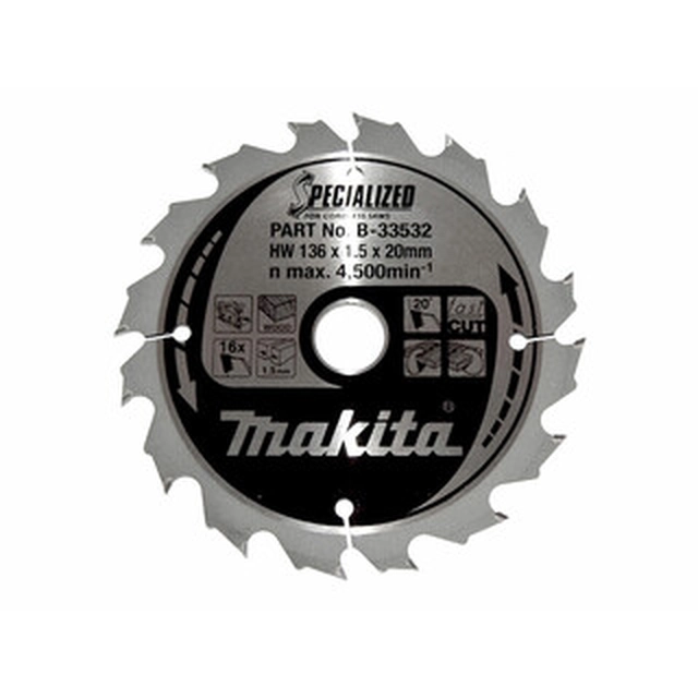 Hoja de sierra circular Makita 136 x 20 mm | número de dientes: 16 db | ancho de corte: 1,5 mm