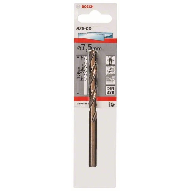 HSS-Co metal drills, DIN 338 7.5 x 69 x 109 mm BOSCH 2608585859