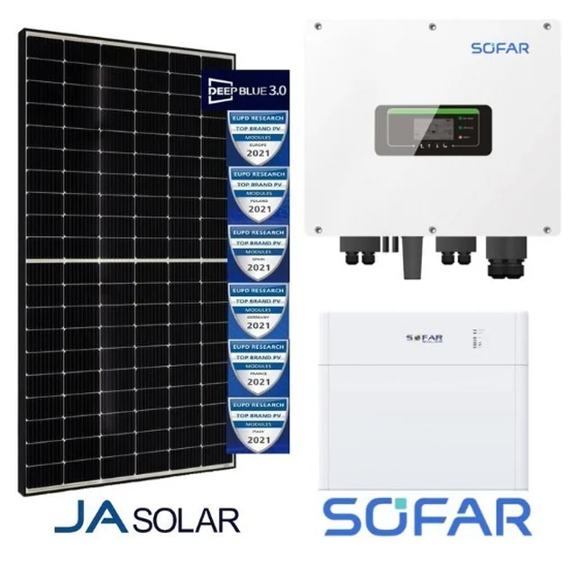 Hübriidkomplekt 5kW: SOFAR HYD5KTL-3PH + 13*JA SOLAR 385W MR must raam + Sofar energiasalvestus 5kWh BTS E5-DS5