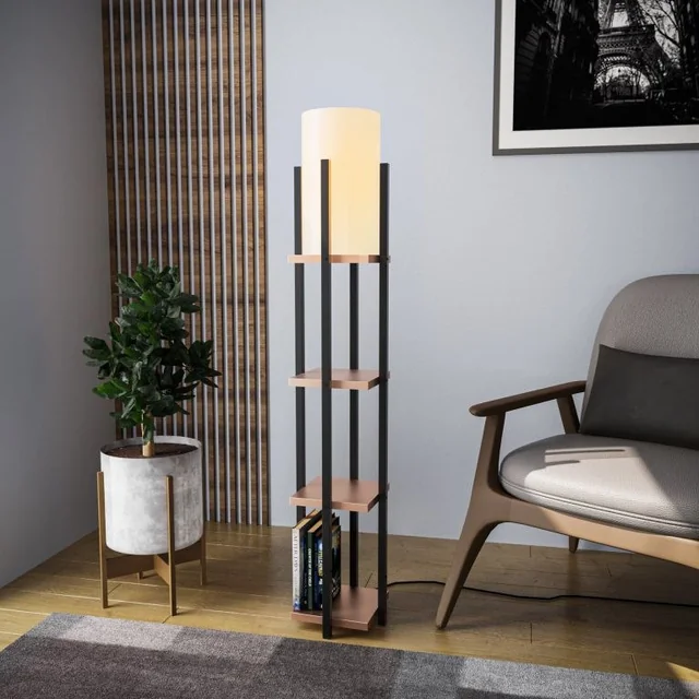 Hylla med lampa, 130 x 25 x 25 cm, koppar, svart