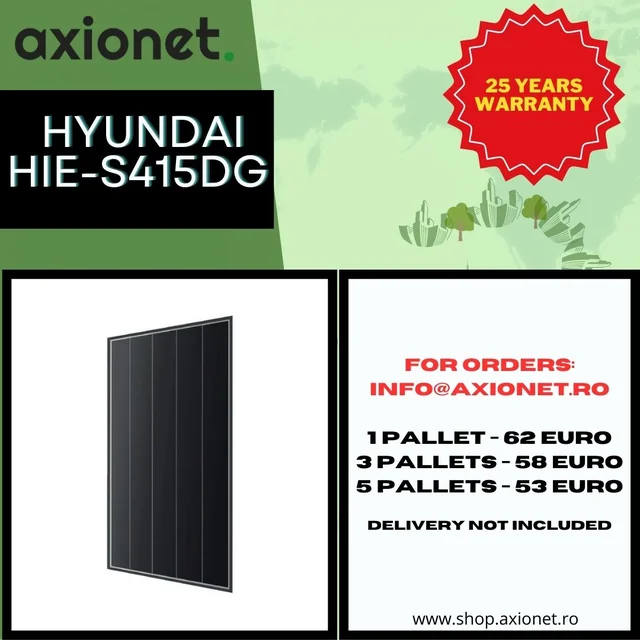 Hyundai monokristalliline fotogalvaaniline paneel HiE-S415DG, 415W, tõhusus 20.9%, garantii 25 aastat, IP68, must raam