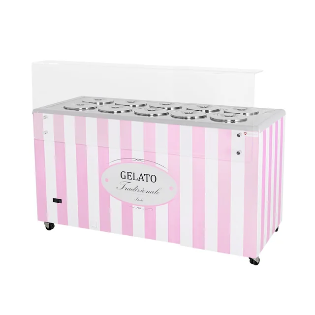 Ice cream dispenser | ice cream showcase | conservator | retro | 10 tub | round cuvettes | 1503x670x895 mm | GELATO POZETTI 10 PINK