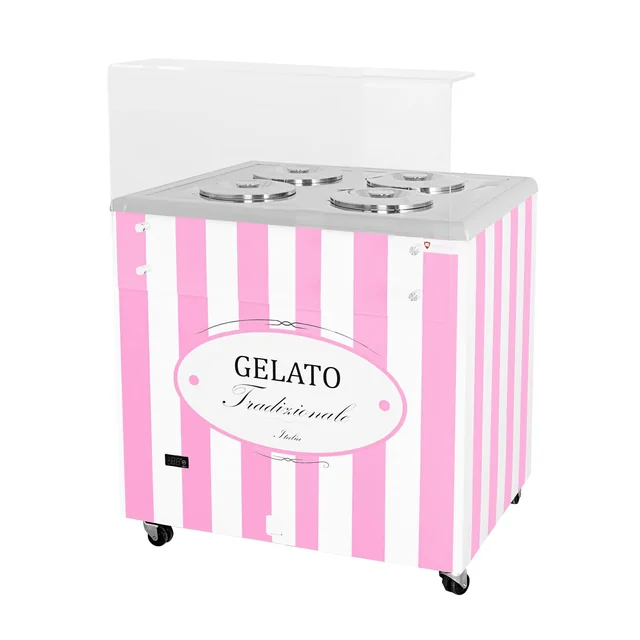 Ice cream dispenser | ice cream showcase | conservator | retro | 4 tub | round cuvettes | 843x670x895 mm | GELATO POZETTI 4 PINK
