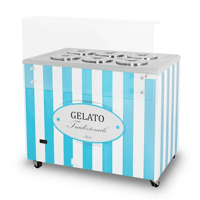 Ice cream dispenser | ice cream showcase | conservator | retro | 6 tub | round cuvettes | 1063x670x895 mm | GELATO POZETTI 6 BLUE