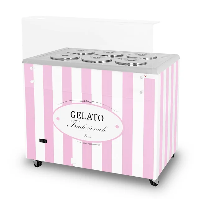 Ice cream dispenser | ice cream showcase | conservator | retro | 6 tub | round cuvettes | 1063x670x895 mm | GELATO POZETTI 6 PINK