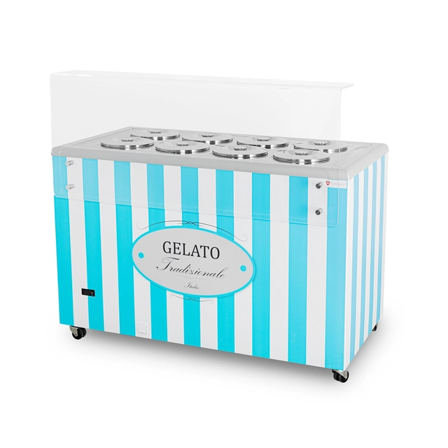 Ice cream dispenser | ice cream showcase | conservator | retro | 8 tub | round cuvettes | 1283x670x895 mm | GELATO POZETTI 8 BLUE