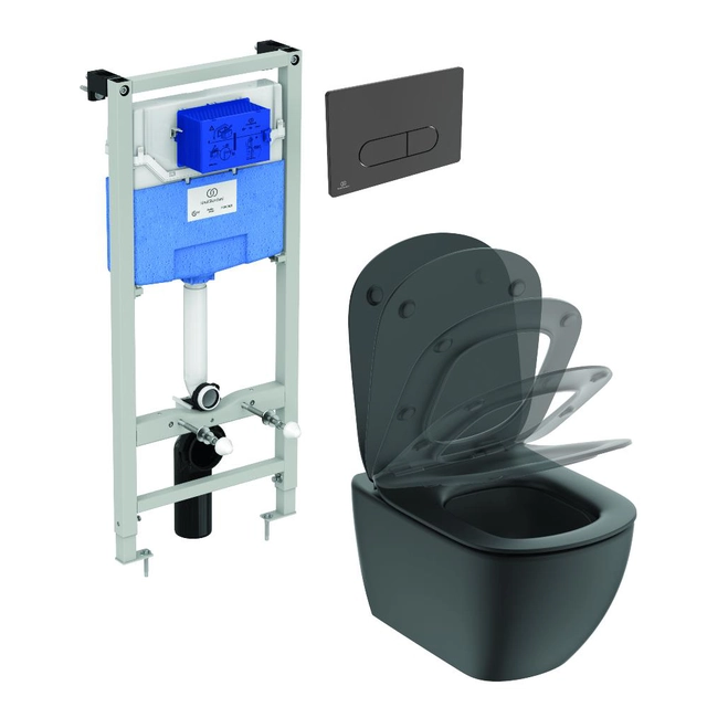 Ideal Standard ProSys toilet frame set, with Tesi Aquablade toilet and Silk Black soft cover M1