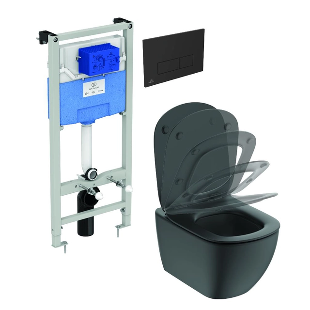 Ideal Standard ProSys toilet frame set, with Tesi Aquablade toilet and Silk Black soft cover M2