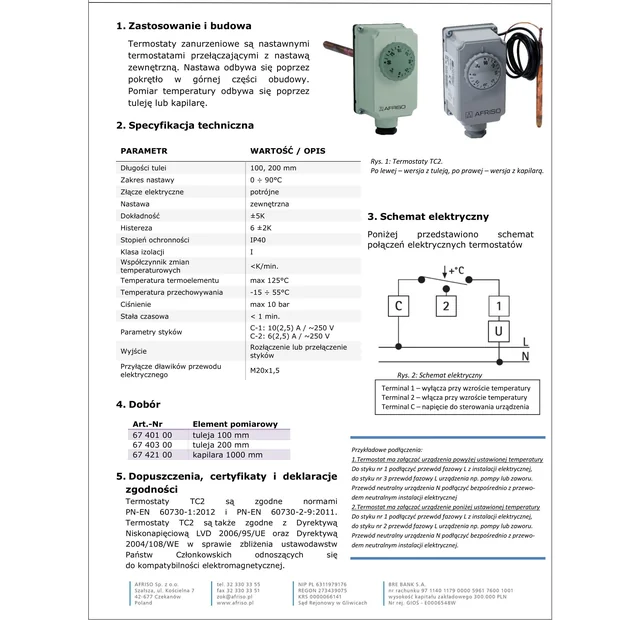 Iegremdējamais termostats TC2, 0/90°C, ārējais iestatījums, kapilārs 1000mm