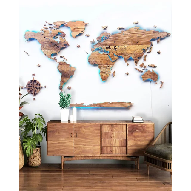 Illuminated world map made of solid oak Sikorka® 200x100cm