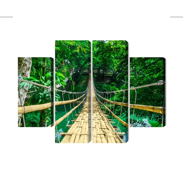 Image d'un pont en bambou en plusieurs parties dans la forêt tropicale