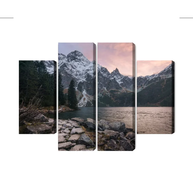 Image en plusieurs parties d'un lac et d'une forêt dans les montagnes